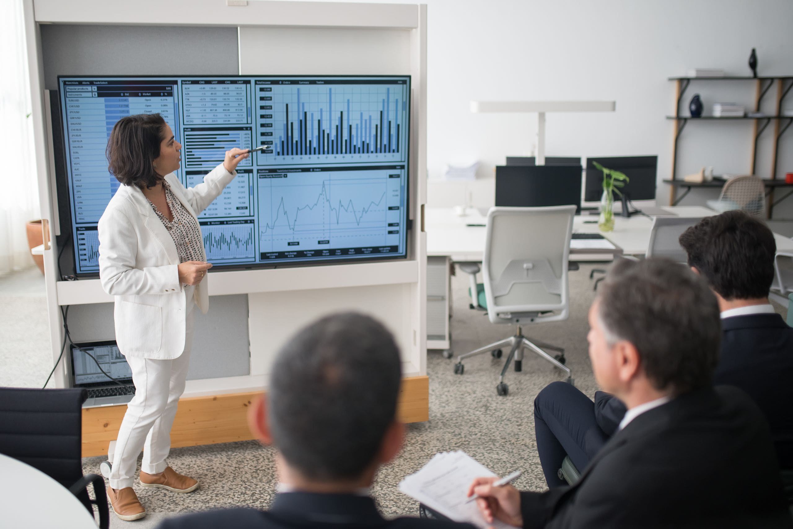 Advisors reviewing office market data together at a bright conference table
